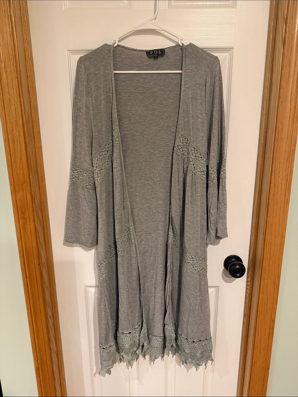 232 POL Gray Open Front Crochet Hem Duster Cardigan Small Boho Lightweight